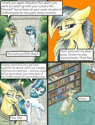 Size: 1950x2550 | Tagged: safe, artist:tillie-tmb, oc, oc only, oc:meadow lark, oc:tempest, earth pony, pony, unicorn, comic:the amulet of shades, bookshelf, cloak, clothes, comic, female, library, mare, traditional art