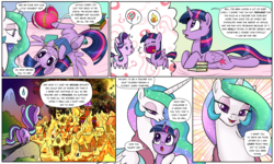 Size: 1920x1149 | Tagged: safe, artist:pencils, princess celestia, starlight glimmer, twilight sparkle, alicorn, pony, unicorn, comic:sunbutt sunday, g4, belly button, blushing, book, bookhorse, burning alive, butt, chibi, clothes, comic, cute, dialogue, dock, eye contact, eyeshadow, featureless crotch, female, fire, imagine spot, immolation, lidded eyes, looking at each other, makeup, mare, momlestia, on back, open mouth, pillow, plot, prone, question mark, robe, smiling, speech bubble, spread wings, sweat, sweatdrop, twiabetes, twilight sparkle (alicorn), underhoof, weapons-grade cute, wings