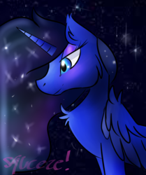Size: 1024x1223 | Tagged: safe, artist:mymangasqueeze, princess luna, alicorn, pony, g4, blushing, chest fluff, female, looking down, mare, solo