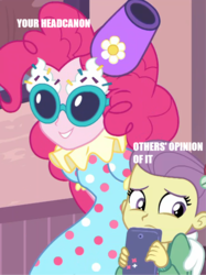 Size: 766x1024 | Tagged: safe, edit, edited screencap, screencap, lily pad (g4), pinkie pie, equestria girls, g4, my little pony equestria girls: better together, pinkie sitting, clown, headcanon, image macro, meme, party cannon, pun, visual pun, young