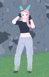 Size: 1280x2018 | Tagged: safe, artist:totallynotabronyfim, fluttershy, human, g4, belly button, bunny ears, cargo pants, clothes, costume, dangerous mission outfit, female, gloves, hoodie, humanized, looking at you, midriff, open mouth, pants, short shirt, solo