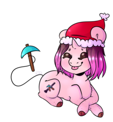 Size: 857x929 | Tagged: safe, artist:cinnamonsparx, oc, oc only, oc:nicole, pony, unicorn, augmented tail, christmas, eyes closed, hat, holiday, pickaxe, prone, santa hat, simple background, solo, tongue out, transparent background