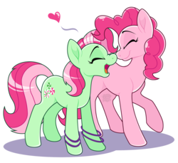 Size: 1982x1813 | Tagged: safe, artist:zerogravitybadger, minty, pinkie pie, earth pony, pony, g3, g4, boop, cute, diapinkes, duo, eyes closed, female, g3 to g4, generation leap, heart, lesbian, mare, mintabetes, noseboop, open mouth, ship:pinkieminty, shipping, simple background, smiling, transparent background