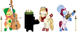 Size: 5126x2141 | Tagged: safe, artist:ironm17, cayenne, citrus blush, sweet biscuit, pony, unicorn, g4, advent wreath, beanie, bipedal, boots, bundled up, candle, cello, christmas, clothes, earmuffs, female, group, hat, holiday, mare, musical instrument, piano, scarf, shoes, simple background, singing, transparent background, trio, vector, violin, winter outfit