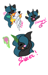 Size: 1024x1591 | Tagged: safe, artist:kiara-kitten, queen chrysalis, oc, oc:burning flame, alicorn, pony, g4, chibi, food, ice cream, magic