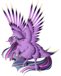 Size: 3865x4819 | Tagged: safe, artist:oneiria-fylakas, twilight sparkle, alicorn, pony, seraph, seraphicorn, g4, absurd resolution, colored wings, colored wingtips, female, multicolored wings, multiple wings, rainbow power, simple background, solo, species swap, transparent background, twilight sparkle (alicorn), ultimate twilight, unshorn fetlocks