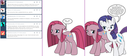 Size: 1808x800 | Tagged: safe, artist:dekomaru, pinkie pie, rarity, earth pony, pony, unicorn, tumblr:ask twixie, g4, ask, female, mare, pinkamena diane pie, sad, simple background, tumblr, white background