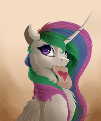 Size: 2500x3000 | Tagged: safe, artist:skitsroom, princess celestia, alicorn, pony, g4, beautiful, bust, cheek fluff, chest fluff, curved horn, cute, cutelestia, female, floppy ears, fluffy, heart, high res, horn, looking at you, mare, messy mane, mouth hold, multicolored mane, purple eyes, smiling, solo