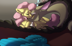 Size: 1900x1204 | Tagged: safe, artist:yuyusunshine, discord, fluttershy, draconequus, pegasus, pony, g4, cheek fluff, chest fluff, ear fluff, eyes closed, female, male, mare, ship:discoshy, shipping, size difference, straight