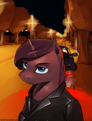 Size: 1112x1461 | Tagged: safe, artist:apocheck13, oc, oc only, unicorn, anthro, car, clothes, jacket, leather jacket, looking at you, night, road, solo, street
