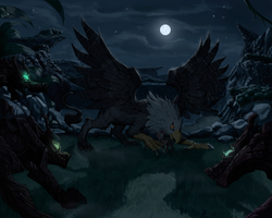 Size: 3000x2400 | Tagged: safe, artist:nsilverdraws, oc, oc only, oc:damascus steel, oc:muffin, griffon, timber wolf, awesome, cloud, detailed, detailed background, epic, fighting stance, full moon, glowing eyes, grass, high res, majestic, male, moon, night, protecting
