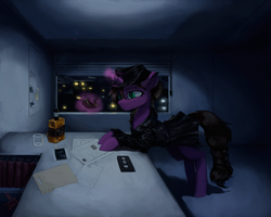 Size: 3000x2400 | Tagged: safe, artist:nsilverdraws, oc, oc only, oc:noel fierce, pony, unicorn, detailed, detailed background, detective, evidence, female, high res, mare, night, photo, pipe, room, solo, window
