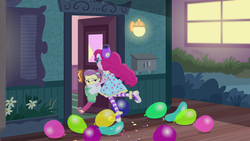 Size: 1920x1080 | Tagged: safe, screencap, lily pad (g4), pinkie pie, equestria girls, g4, my little pony equestria girls: better together, pinkie sitting, balloon, clothes, converse, out of context, shoes, skirt, young