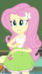 Size: 521x909 | Tagged: safe, screencap, fluttershy, human, equestria girls, g4, my little pony equestria girls, clothes, cutie mark on clothes, female, fluttershy's skirt, skirt, solo, worried