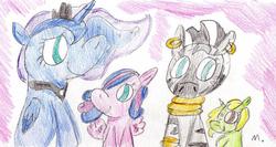 Size: 915x488 | Tagged: safe, artist:ptitemouette, princess luna, zecora, oc, oc:love moonlight, oc:snowdrop, g4, family, next generation, parent:princess cadance, parent:princess luna, parent:zecora