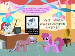 Size: 1024x768 | Tagged: safe, artist:bronybyexception, berry punch, berryshine, elbow grease, paradise (g4), party favor, crystal pony, pony, g4, advent calendar, balloon, blushing, computer, computer mouse, drunk, exploitable meme, female, go home you're drunk, gun, i didn't listen, image macro, keyboard, male, mare, meme, office party, phonograph, shotgun, stallion, sugarcube corner, the office, this will end in tears, weapon