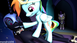 Size: 3840x2160 | Tagged: safe, artist:mendrick94, nightmare moon, rainbow dash, alicorn, pegasus, pony, g4, 3d, collar, crown, female, high res, hypnosis, jewelry, mare, pet tag, regalia, source filmmaker, swirly eyes, toothbrush