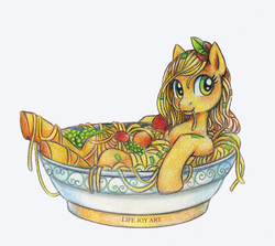 Size: 600x535 | Tagged: safe, artist:lifejoyart, applejack, earth pony, pony, g4, bowl, female, food, mare, noodles, ponies in food, simple background, solo, traditional art, white background