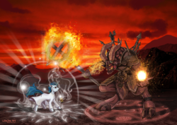 Size: 1000x707 | Tagged: safe, artist:lifejoyart, demon, pony, unicorn, crossover, fight, heroes of might and magic