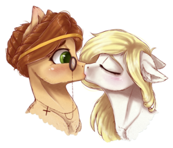 Size: 4346x3716 | Tagged: safe, artist:gaelledragons, oc, oc only, oc:lacewing, oc:runic scrawl, earth pony, pony, absurd resolution, blushing, bust, ear fluff, eyes closed, female, floppy ears, fluffy, kissing, lesbian, monocle, oc x oc, shipping, simple background, speedpaint available, transparent background