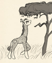 Size: 1704x2051 | Tagged: dead source, safe, artist:lunebat, oc, oc only, unnamed oc, giraffe, female, love letter, monochrome, raised hoof, sketch, solo, tree