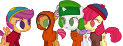 Size: 1024x386 | Tagged: safe, artist:xmelodyskyx, apple bloom, babs seed, scootaloo, sweetie belle, earth pony, pony, g4, crossover, cutie mark crusaders, eric cartman, female, filly, kenny mccormick, kyle broflovski, simple background, south park, stan marsh, transparent background