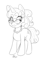 Size: 1492x2000 | Tagged: safe, artist:bluntwhiskey, oc, oc only, oc:graphia, pony, unicorn, female, glasses, grayscale, jewelry, lineart, mare, monochrome, necklace, pearl necklace, simple background, solo, white background
