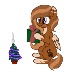 Size: 510x500 | Tagged: safe, oc, oc only, oc:ginger bauble, pegasus, pony, bauble, christmas, christmas tree, coat markings, female, holiday, mare, pinto, present, solo, tree