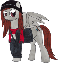 Size: 1089x1200 | Tagged: safe, artist:killerteddybear94, editor:binkyt11, oc, oc only, oc:galestorm, pegasus, pony, 2018 community collab, derpibooru community collaboration, beanie, clothes, hat, jacket, looking at you, male, scarf, simple background, solo, spread wings, stallion, traditional art, transparent background, wings
