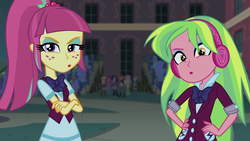 Size: 1920x1080 | Tagged: safe, screencap, lemon zest, sour sweet, equestria girls, g4, my little pony equestria girls: friendship games, clothes, crossed arms, crystal prep academy uniform, crystal prep shadowbolts, discovery family logo, hand on hip, headphones, school uniform, unleash the magic, wondercolts
