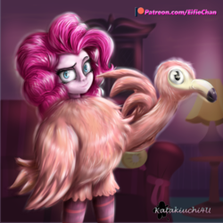 Size: 3000x3000 | Tagged: safe, artist:katakiuchi4u, pinkie pie, flamingo, equestria girls, g4, my little pony equestria girls: better together, pinkie sitting, bags under eyes, chair, clothes, costume, female, high res, lamp, looking at you, patreon, patreon logo, solo