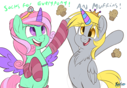 Size: 5000x3500 | Tagged: safe, artist:fluffyxai, derpy hooves, minty, pony, g4, chest fluff, clothes, cute, derpabetes, fake horn, fake wings, food, mintabetes, muffin, socks, striped socks, that pony sure does love muffins, that pony sure does love socks, xk-class end-of-the-world scenario
