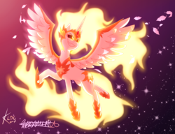 Size: 1500x1150 | Tagged: safe, artist:cookiebab, artist:ladyotakugamer789, daybreaker, alicorn, pony, a royal problem, g4, collaboration, evil grin, female, grin, mane of fire, mare, smiling, solo, spread wings, wings