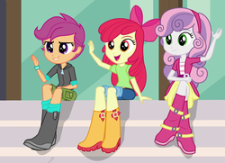 Size: 1265x916 | Tagged: safe, screencap, apple bloom, scootaloo, sweetie belle, equestria girls, g4, my little pony equestria girls: friendship games, boots, canterlot high, clothes, cutie mark crusaders, high heel boots, jeans, open mouth, pants, shoes, sitting, skirt, smiling, waving