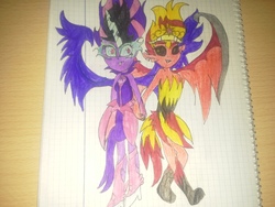 Size: 2560x1920 | Tagged: safe, sci-twi, sunset shimmer, twilight sparkle, equestria girls, g4, my little pony equestria girls: friendship games, antagonist, drawing, equestria's monster girls, female, graph paper, lesbian, midnight sparkle, midnightsatan, ship:sci-twishimmer, ship:sunsetsparkle, shipping, sunset satan, traditional art