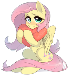 Size: 2680x2880 | Tagged: safe, artist:fensu-san, fluttershy, pegasus, pony, g4, blushing, cushion, cute, female, heart, heart eyes, heart pillow, high res, looking at you, mare, shyabetes, simple background, sitting, solo, white background, wingding eyes, wings