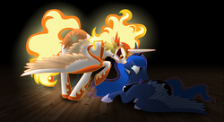 Size: 1980x1080 | Tagged: safe, artist:crimsonfruitcake, daybreaker, princess luna, g4, boop, floppy ears, gritted teeth, looking at each other, mane of fire, noseboop, spread wings, wings