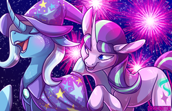 Size: 5100x3300 | Tagged: safe, artist:polyhexian, starlight glimmer, trixie, pony, unicorn, g4, absurd resolution, blushing, cape, clothes, curved horn, eyes closed, female, fireworks, hat, horn, lesbian, mare, night, open mouth, raised hoof, ship:startrix, shipping, smiling, smug, trixie's cape, trixie's hat