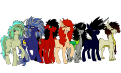 Size: 1500x900 | Tagged: safe, artist:brainiac, oc, oc only, oc:brush stroke, oc:moonshine, oc:naveah, oc:piper, oc:scavenged compass, changeling, earth pony, kirin, pony, unicorn, 2018 community collab, derpibooru community collaboration, fallout equestria, black butler, changeling oc, female, glasses, grell sutcliff, half changeling, male, mare, pregnant, raider, raised hoof, red and black oc, scar, scavenger, simple background, stallion, transparent background, white changeling