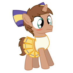 Size: 3000x3000 | Tagged: safe, artist:peternators, oc, oc only, oc:heroic armour, pony, unicorn, blushing, bow, cheerleader, colt, crossdressing, high res, male, male cheerleader, simple background, solo, transparent background, younger