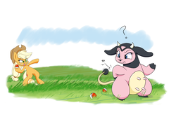 Size: 1500x1000 | Tagged: safe, artist:heir-of-rick, applejack, miltank, pony, g4, applejack's hat, cowboy hat, crossover, grass, hat, poké ball, pokémon, silly, silly pony, standing, who's a silly pony