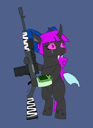 Size: 2128x2908 | Tagged: safe, artist:crazeguy, derpibooru exclusive, oc, oc only, changeling, fallout equestria, changeling oc, gun, high res, pipbuck, purple changeling, solo, weapon, zebra rifle