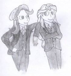 Size: 952x1019 | Tagged: safe, artist:jesterofdestiny, derpibooru exclusive, starlight glimmer, sunset shimmer, equestria girls, g4, beanie, clothes, crossed arms, dress shirt, hand on hip, hand on shoulder, hat, looking at each other, monochrome, necktie, suit, three piece suit, traditional art, vest, waistcoat