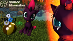 Size: 1024x576 | Tagged: safe, artist:dj-chopin, artist:fauna-joy, fizzlepop berrytwist, tempest shadow, g4, my little pony: the movie, 3d, ball, cute, downloadable, female, filly, filly tempest shadow, gmod, river, solo, source filmmaker, source filmmaker resource, tempestbetes, then and now, tongue out, younger