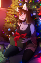 Size: 3000x4568 | Tagged: safe, artist:hakkids2, oc, oc only, unicorn, anthro, anthro oc, chest fluff, choker, christmas, christmas tree, clothes, explicit source, female, holiday, kneeling, looking at you, mare, open mouth, present, shawl, shorts, smiling, solo, stockings, tank top, thigh highs, tree, ych result
