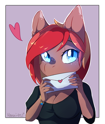 Size: 2090x2466 | Tagged: safe, artist:hakkids2, oc, oc only, anthro, anthro oc, breasts, bust, cleavage, female, freckles, heart, high res, looking at you, love letter, solo