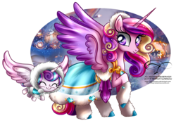 Size: 1526x1052 | Tagged: safe, artist:tiffanymarsou, princess cadance, princess flurry heart, alicorn, pony, g4, clothes, colored wings, cute, cutedance, daughter, duo, female, flurrybetes, flying, gradient wings, jewelry, leg warmers, mother, mother and daughter, peytral, raised hoof, regalia, signature, simple background, slender, smiling, sparkly wings, spread wings, thin, transparent background, wings, winter