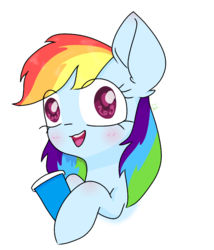 Size: 578x676 | Tagged: safe, artist:chautung, rainbow dash, pegasus, pony, g4, blushing, bust, cup, cute, dashabetes, female, looking at you, mare, open mouth, simple background, solo, white background