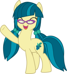 Size: 1433x1568 | Tagged: safe, artist:luckyclau, juniper montage, earth pony, pony, cute, equestria girls ponified, eyes closed, female, glasses, junibetes, mare, open mouth, ponified, raised hoof, simple background, smiling, solo, transparent background, waving