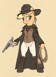 Size: 1141x1567 | Tagged: safe, artist:lunebat, applejack, earth pony, semi-anthro, g4, arm hooves, bipedal, clothes, cosplay, costume, female, freckles, gun, handgun, hat, hoof hold, mare, pistol, revolver, rope, simple background, solo, van helsing, weapon